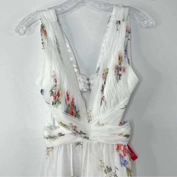 Mac Duggal 67940 Size 0 Floral Print Cutout Waist Tiered White Multicolor Dress - Picture 4 of 9